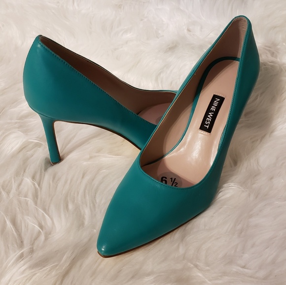 teal patent leather pumps